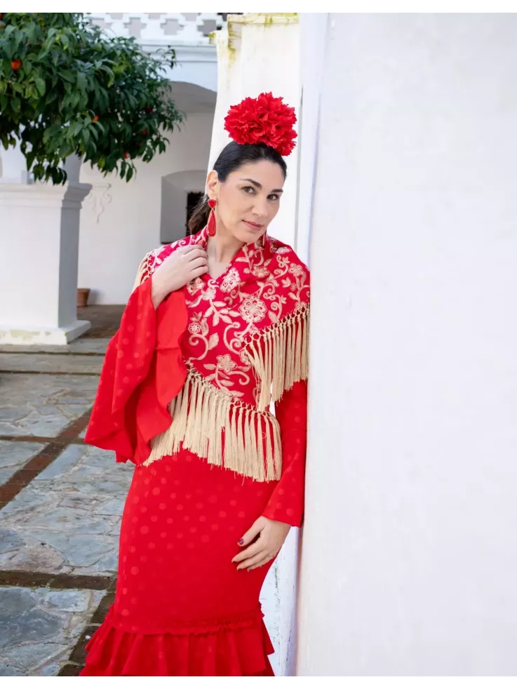 Mantón Rocio bordado rojo y beige