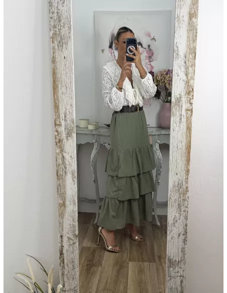 Falda verde volante con cinturón