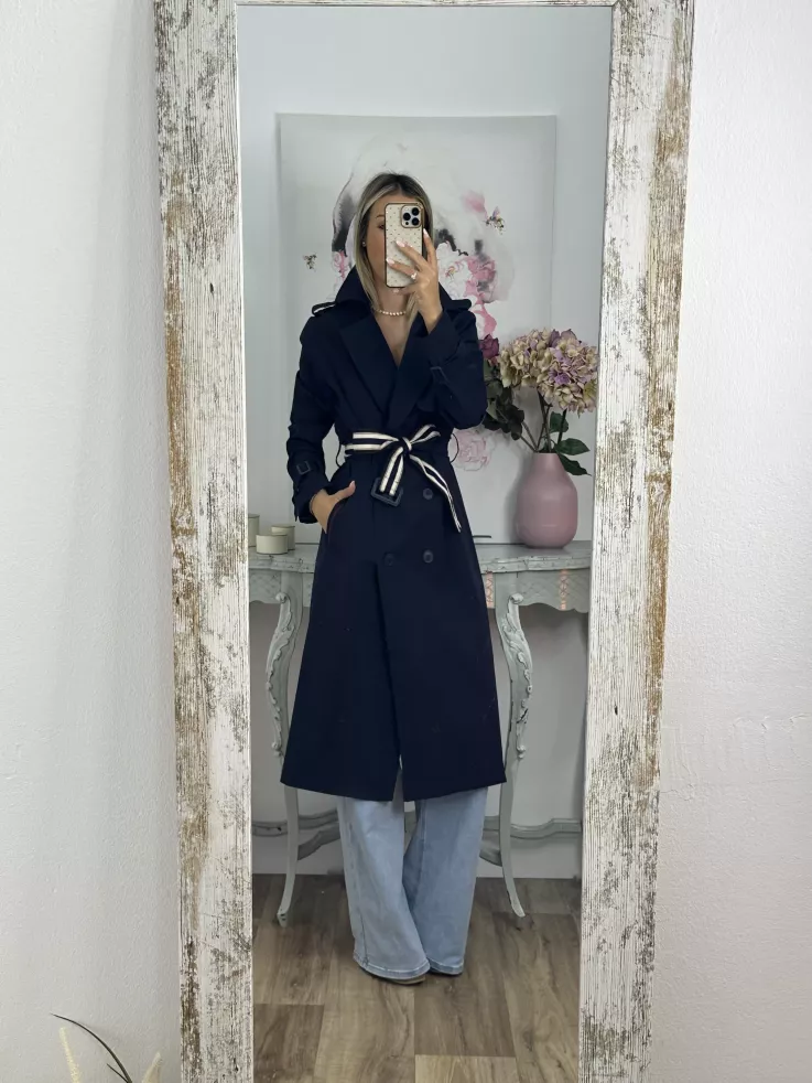 Gabardina azul marino cinturón raya