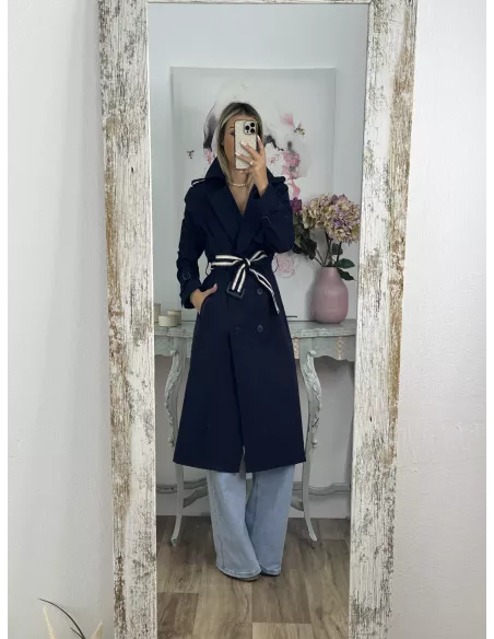 Gabardina azul marino cinturón raya