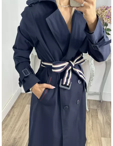 Gabardina azul marino cinturón raya
