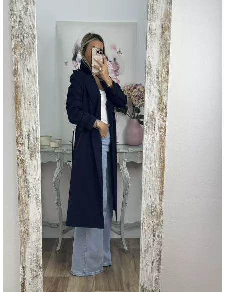 Gabardina azul marino cinturón raya