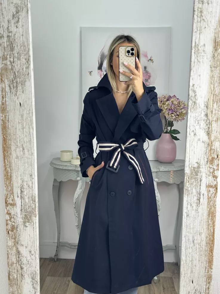 Gabardina azul marino cinturón raya