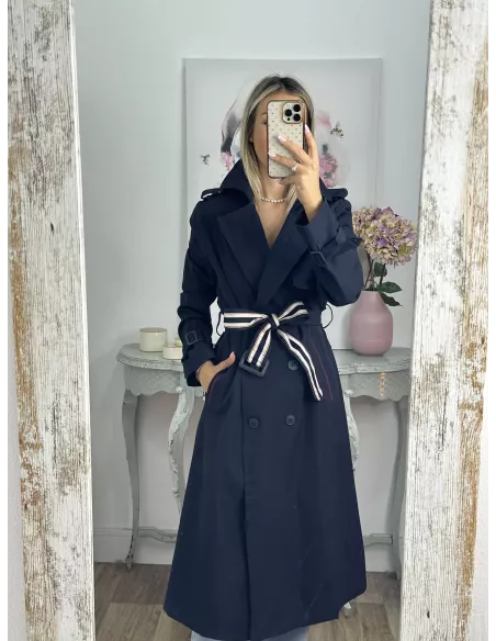 Gabardina azul marino cinturón raya