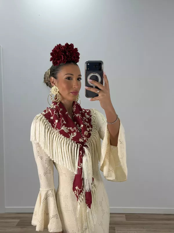 Mantón Rocio bordado burdeos y beige