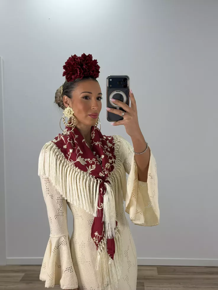 Mantón Rocio bordado burdeos y beige