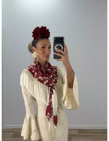 Mantón Rocio bordado burdeos y beige