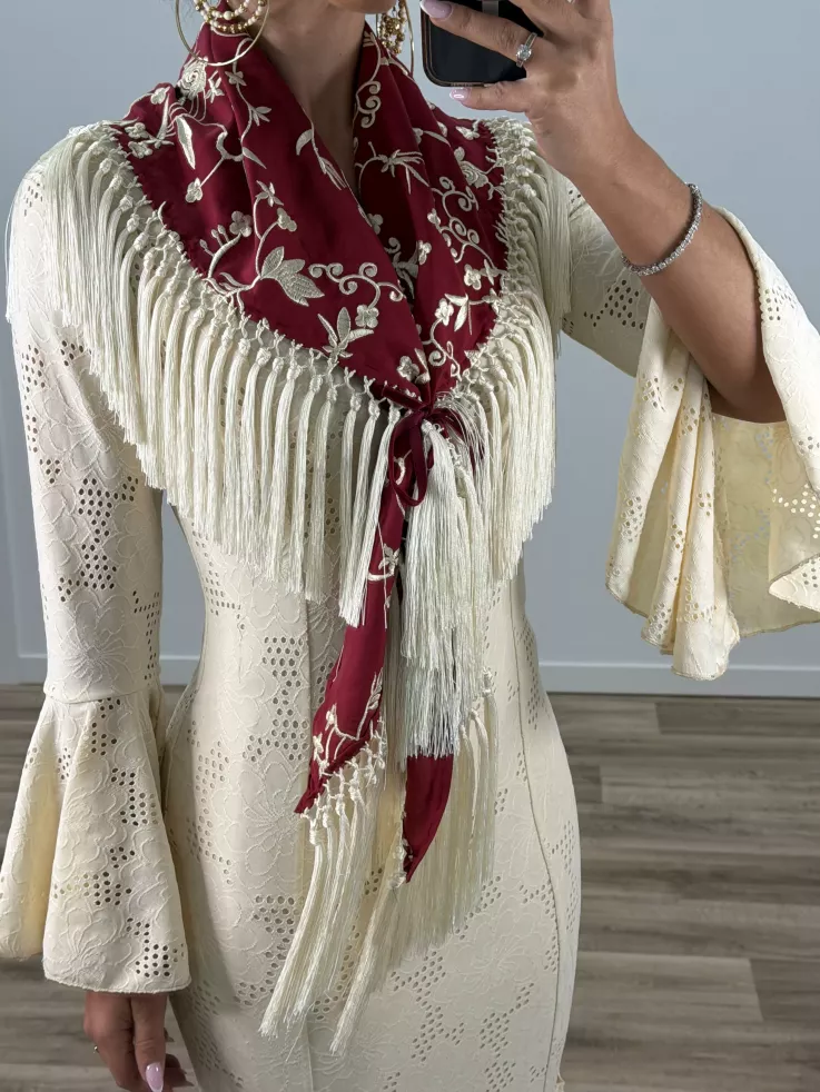 Mantón Rocio bordado burdeos y beige