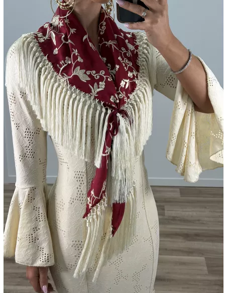Mantón Rocio bordado burdeos y beige