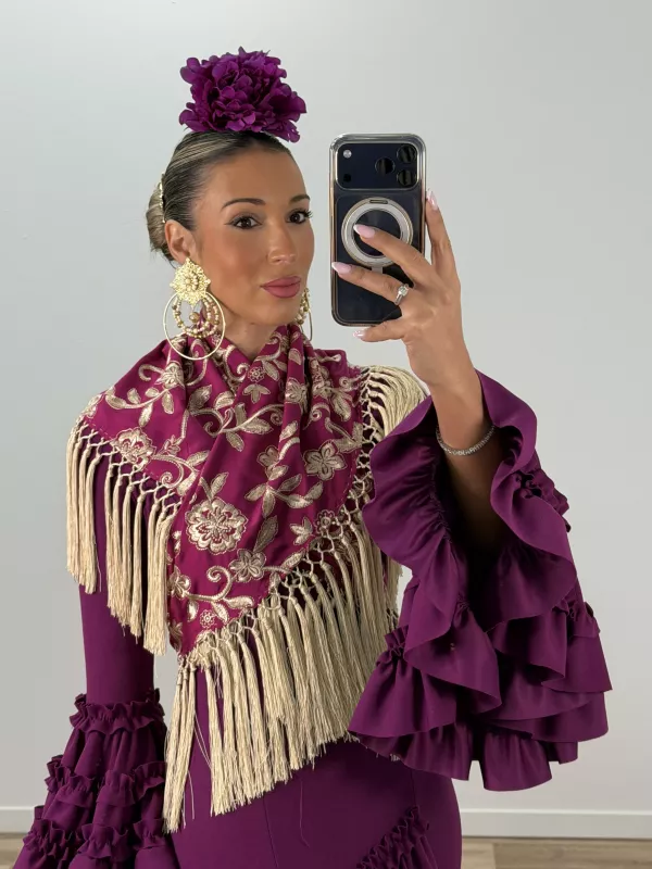 Mantón Rocio bordado buganvilla y beige