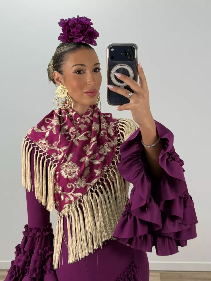 Mantón Rocio bordado buganvilla y beige