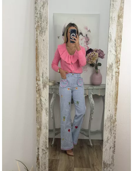 Jeans cuadros vichy azul bordados