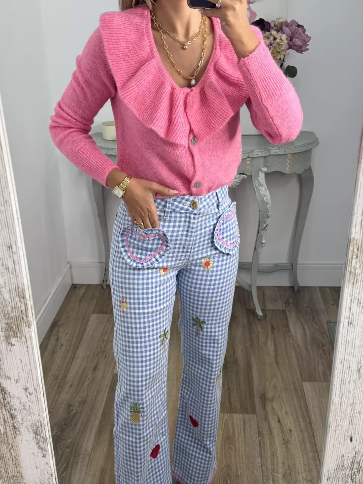 Jeans cuadros vichy azul bordados