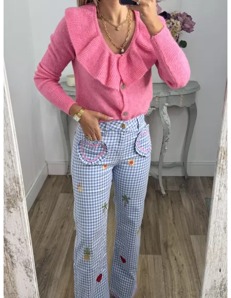 Jeans cuadros vichy azul bordados