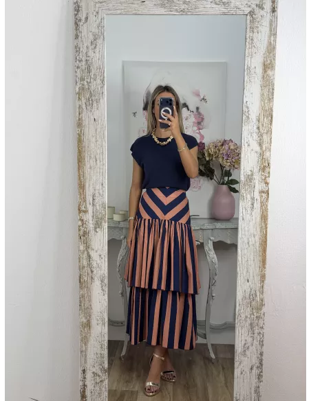 Falda rayas azul y rosa volantes