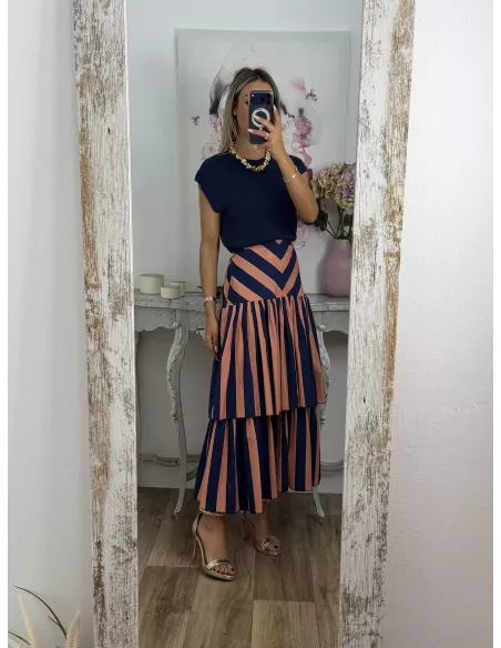 Falda rayas azul y rosa volantes