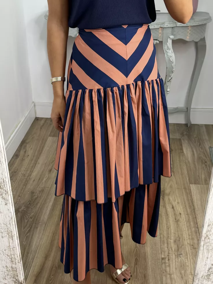 Falda rayas azul y rosa volantes