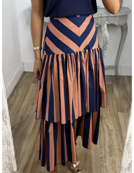 Falda rayas azul y rosa volantes