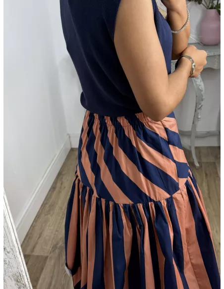 Falda rayas azul y rosa volantes