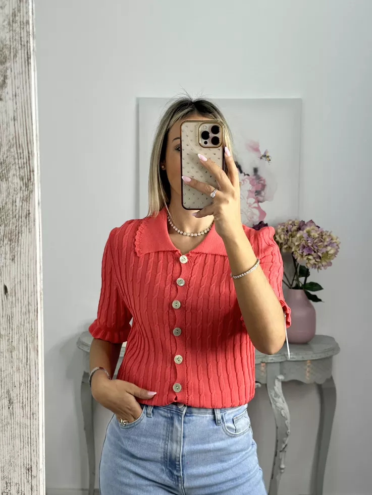 Jersey cuello polo trenzado coral