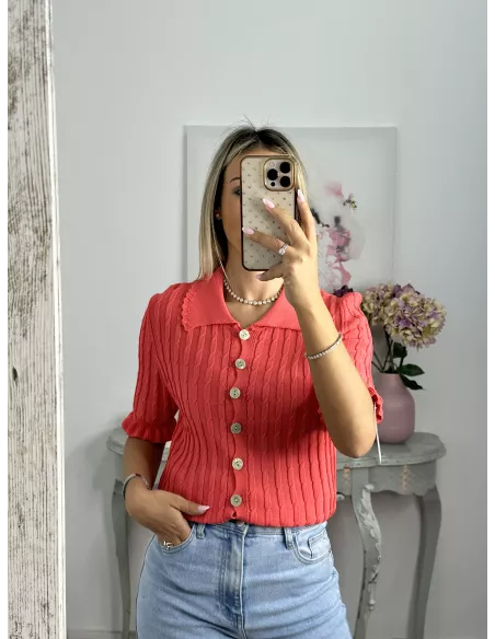 Jersey cuello polo trenzado coral