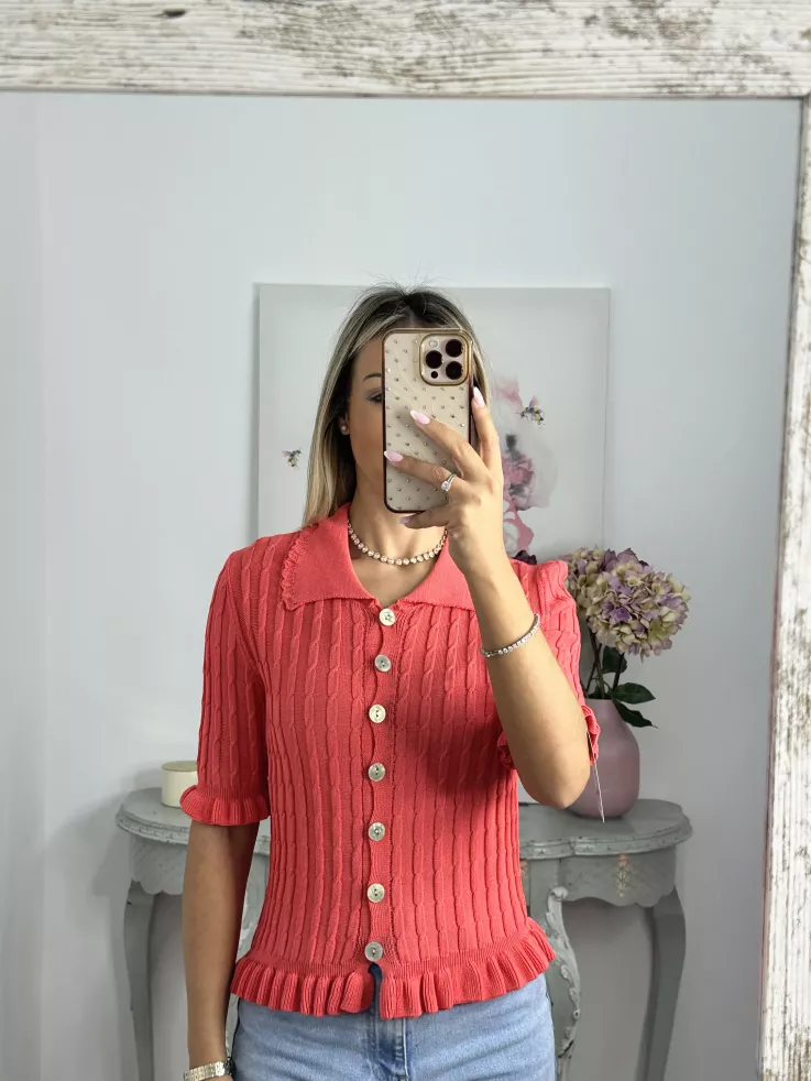 Jersey cuello polo trenzado coral