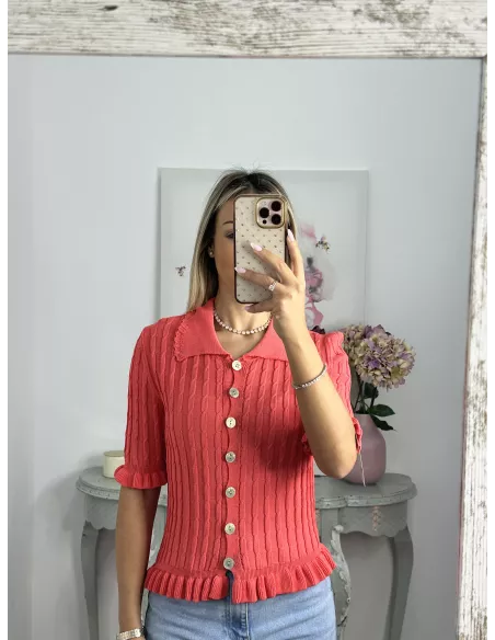 Jersey cuello polo trenzado coral