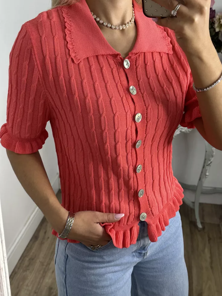 Jersey cuello polo trenzado coral