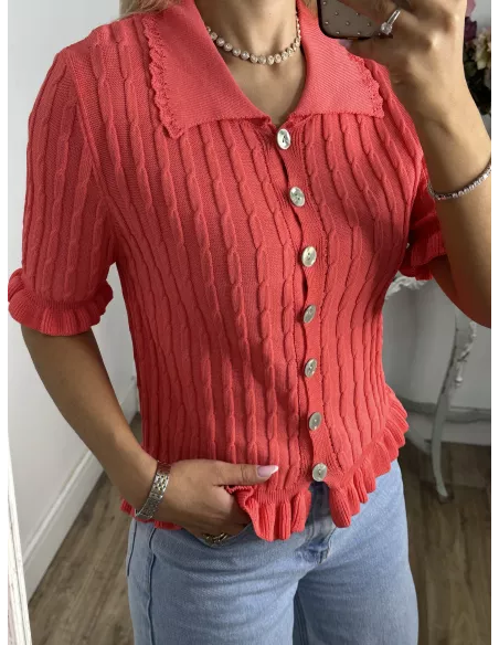 Jersey cuello polo trenzado coral