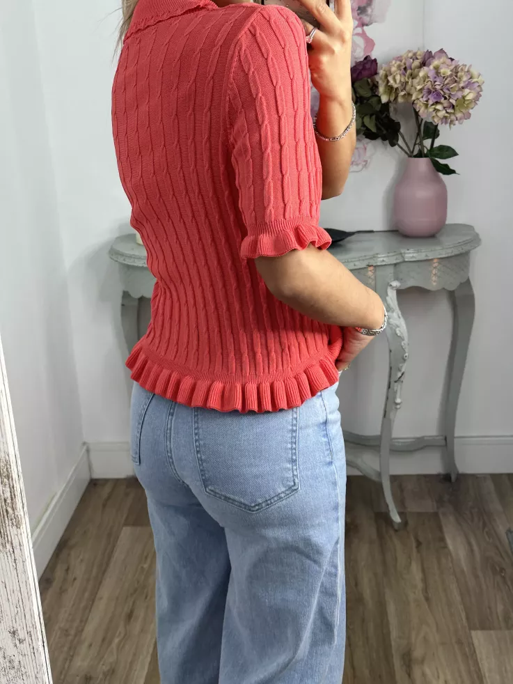 Jersey cuello polo trenzado coral