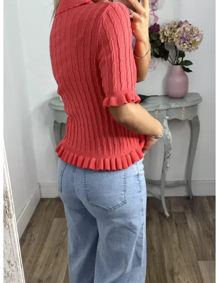 Jersey cuello polo trenzado coral