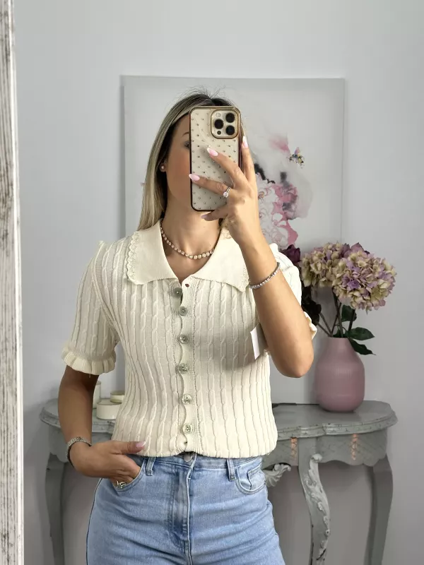 Jersey cuello polo trenzado hueso