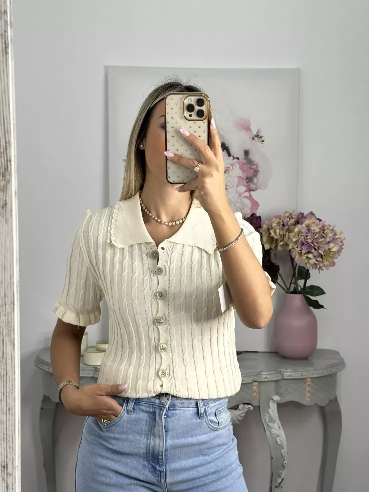 Jersey cuello polo trenzado hueso