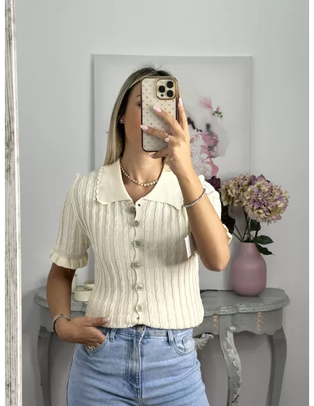 Jersey cuello polo trenzado hueso