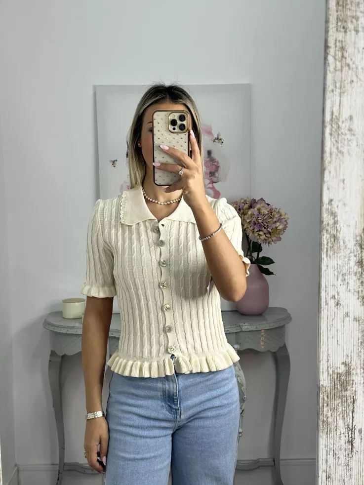 Jersey cuello polo trenzado hueso