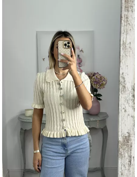 Jersey cuello polo trenzado hueso