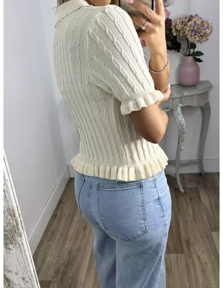 Jersey cuello polo trenzado hueso