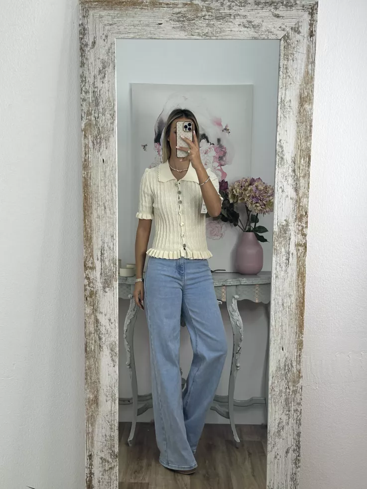 Jersey cuello polo trenzado hueso