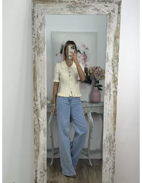 Jersey cuello polo trenzado hueso