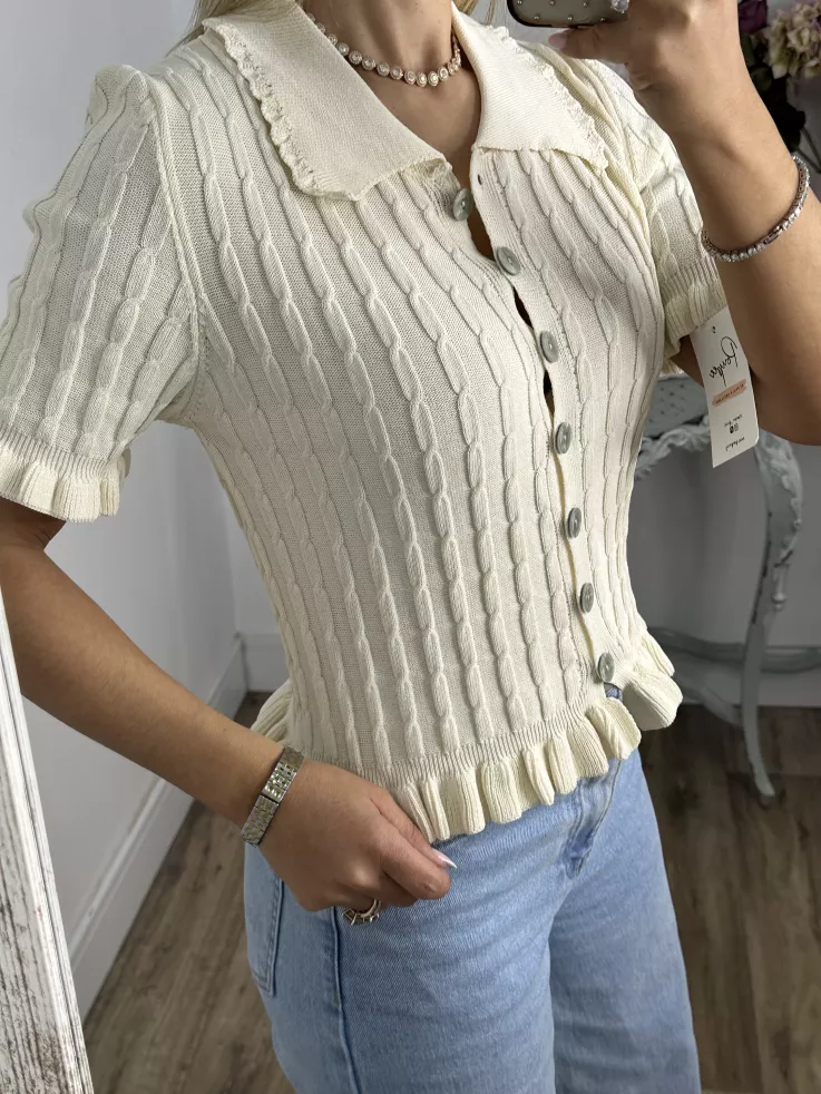 Jersey cuello polo trenzado hueso