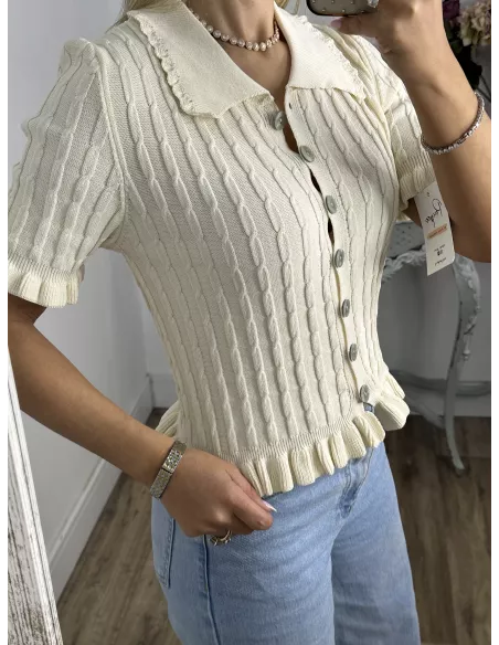 Jersey cuello polo trenzado hueso