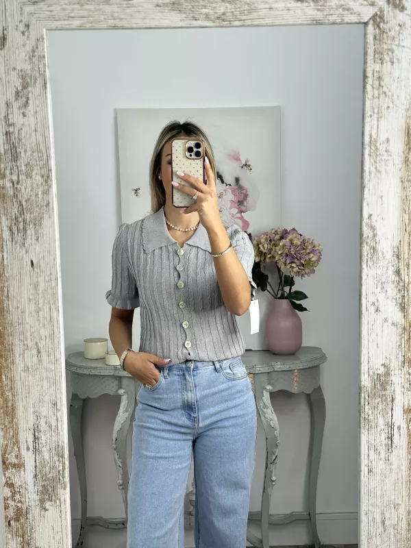 Jersey cuello polo trenzado gris