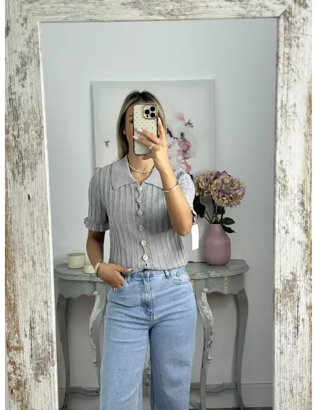 Jersey cuello polo trenzado gris