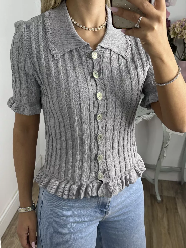 Jersey cuello polo trenzado gris