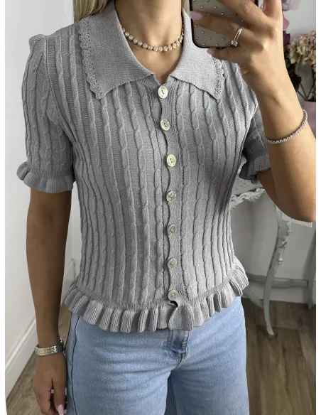 Jersey cuello polo trenzado gris