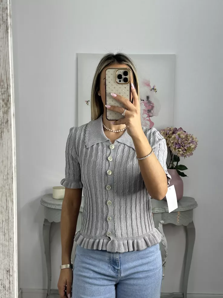 Jersey cuello polo trenzado gris