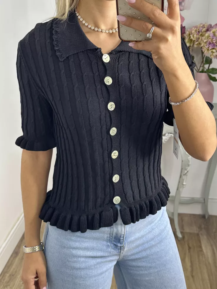 Jersey cuello polo trenzado negro