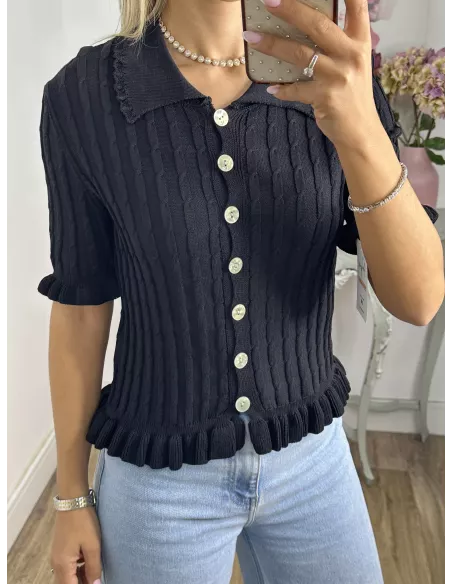 Jersey cuello polo trenzado negro