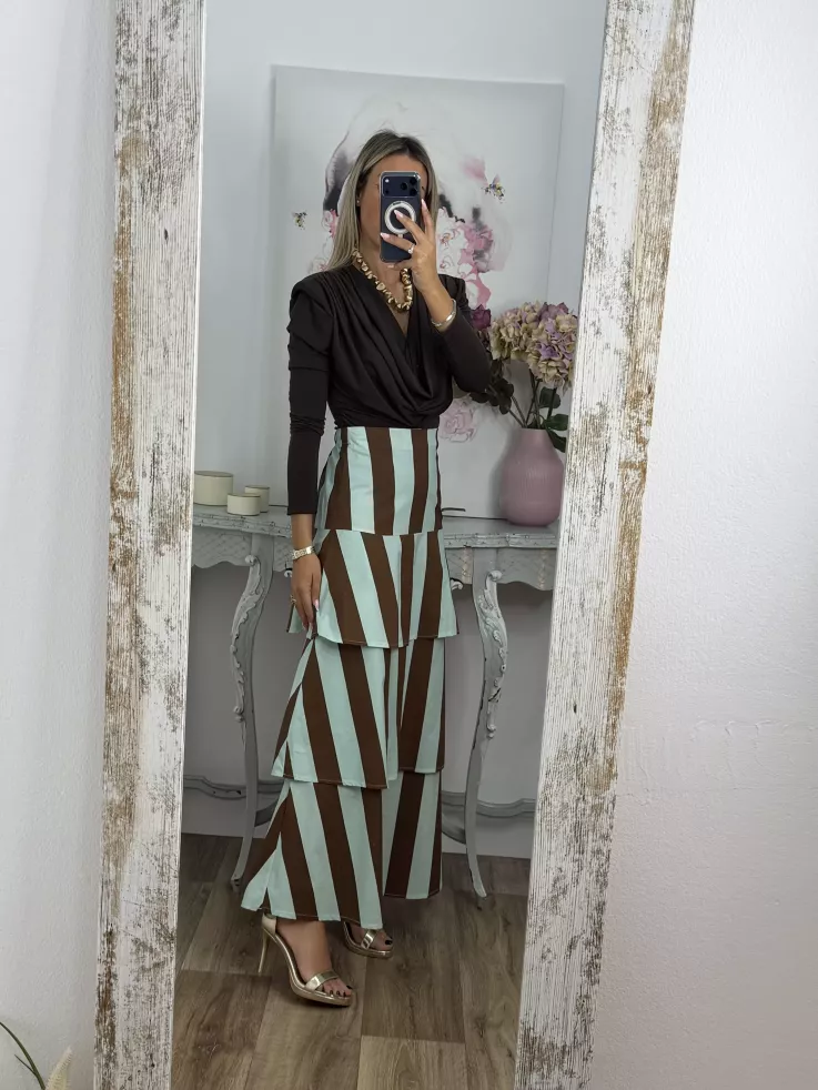 Falda rayas choco y verdeagua volantes