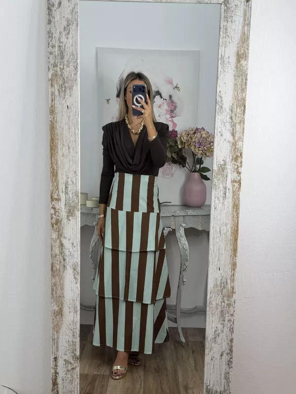 Falda rayas choco y verdeagua volantes